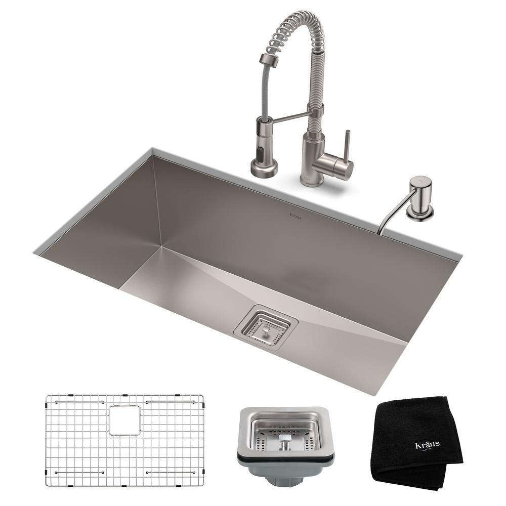 Kraus Pax All In One Undermount Stainless Steel 28 In Single Bowl Kitchen Sink With Faucet In Stainless Steel