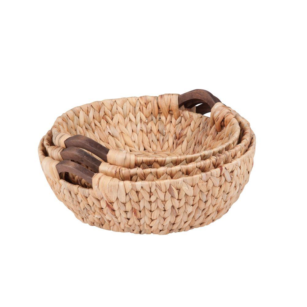 HoneyCanDo Round Water Hyacinth Basket Set with Wood Handles (3Piece