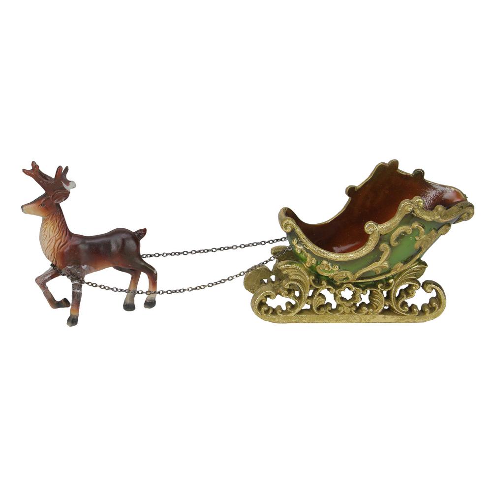 7 5 in elegant green and gold sleigh with reindeer christmas table top decoration