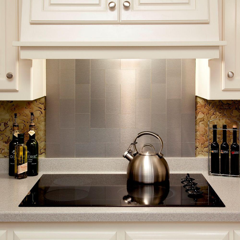 Aspect Long Grain 6 In X 3 Brushed Stainless Metal Decorative Aspect Long Grain 6 In X 3 Brushed Stainless Metal Decorative Tile Backsplash 8 Pack A52 50 The Home Depot