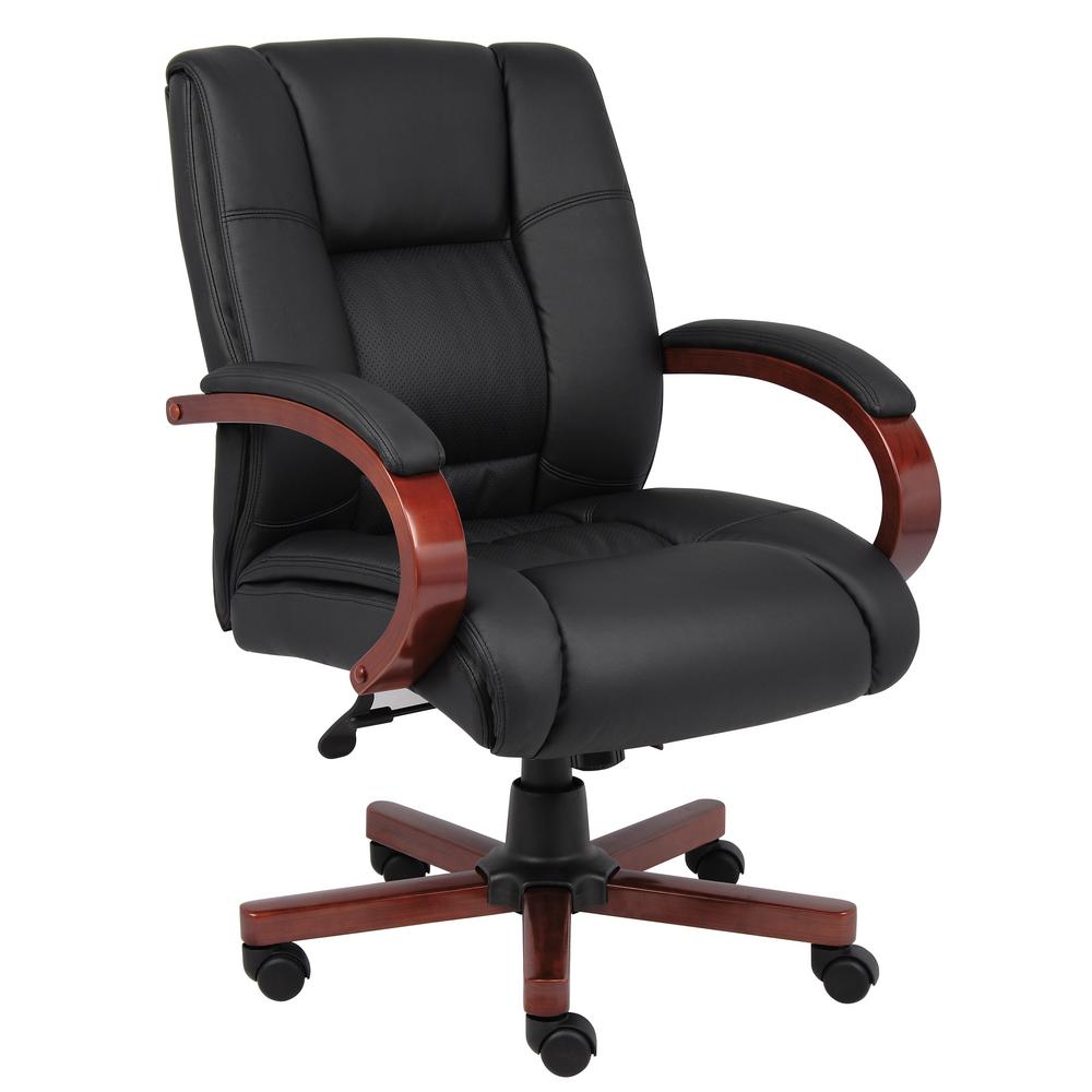 BOSS OFFICE Mid-Back Black Vinyl Cherry Wood Padded Arms and Base