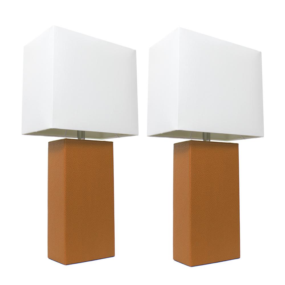 Elegant Designs 21 In Modern Tan Leather Table Lamps With White Fabric Shades 2 Pack