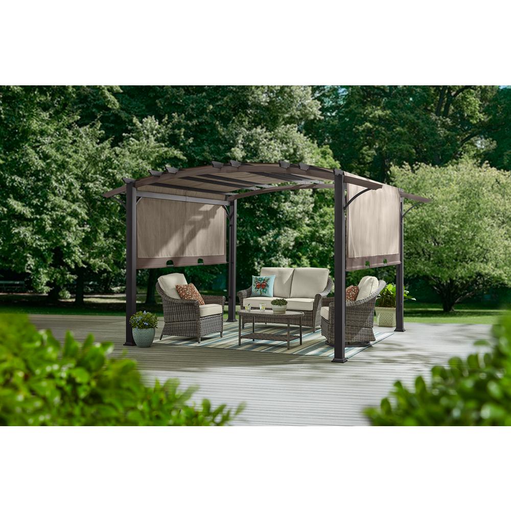Hampton Bay Orchard Park 10.6 ft. x 13.3 ft. Brown Steel Arched Beam Pergola with Sling Canopy