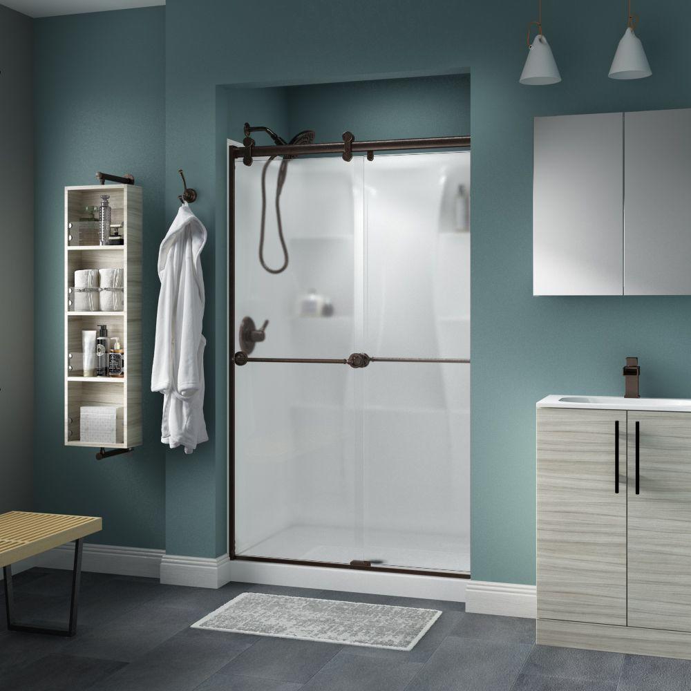 Delta Silverton 48 X 71 In Frameless Contemporary Sliding Shower Frameless Contemporary Sliding Shower Door In Bronze With Niebla