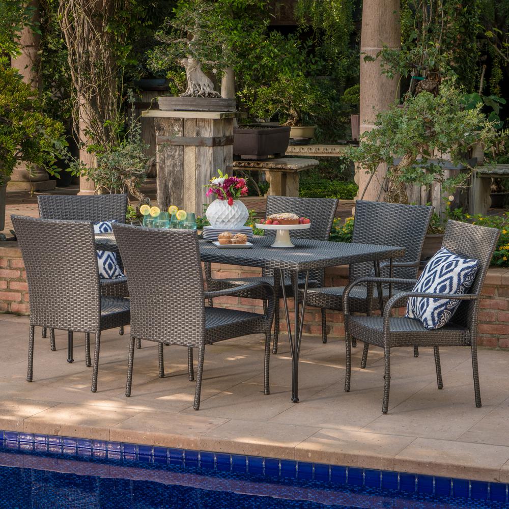 Noble House Macy Grey 7-Piece Wicker Outdoor Dining Set ...
