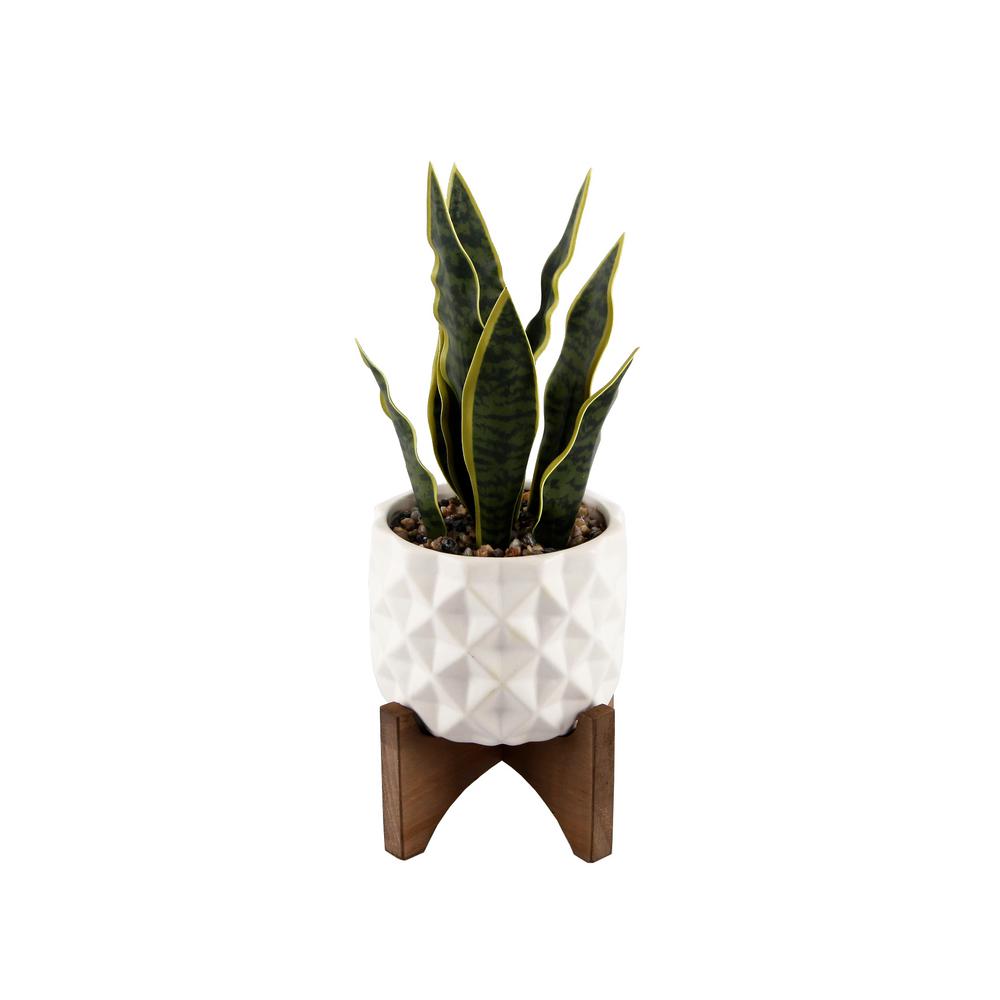 Flora Bunda 12 in. Faux Snake Plant in Flower Print White Ceramic Pot