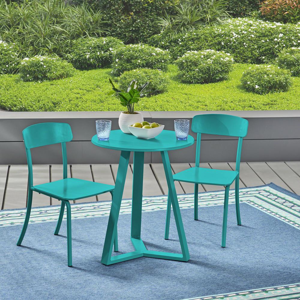 Noble House Avah Matte Teal 3Piece Metal Round Outdoor Bistro Set
