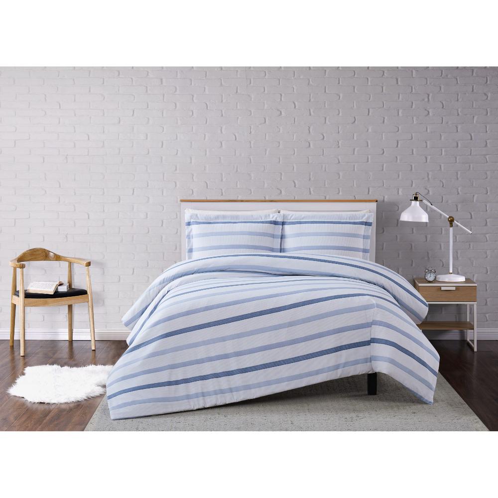 Truly Soft Waffle 3 Piece White Blue Stripe Full Queen Duvet Cover