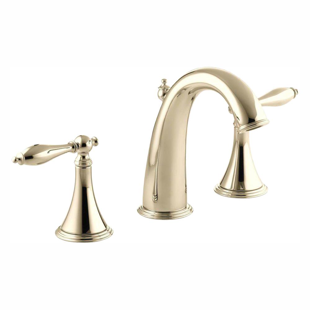 Finial Traditional 8 In Widespread 2 Handle High Arc Bathroom Faucet In Vibrant French Gold With Lever Handles