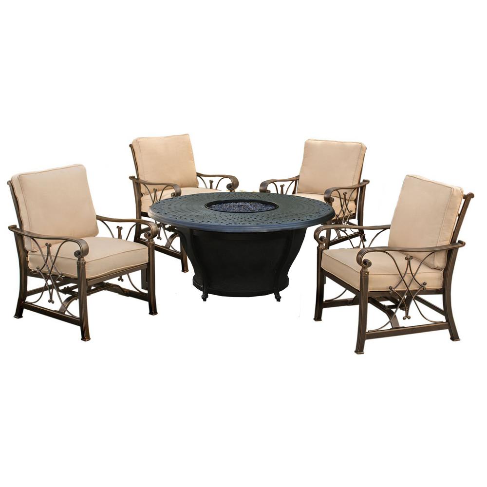 Caledonia Round 5 Piece Aluminum Patio Fire Pit Conversation Set Caledonia Round 5 Piece Aluminum Patio Fire Pit Conversation Set With Oatmeal Cushions