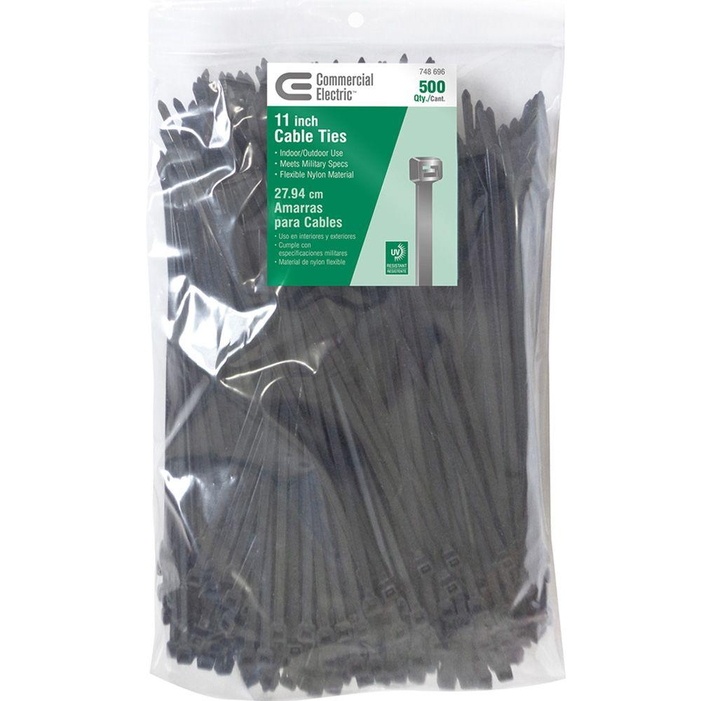 Commercial Electric 11in Standard 50lb Tensile Strength UL 21S Rated Cable Zip Ties 500 Pack UV (Black)