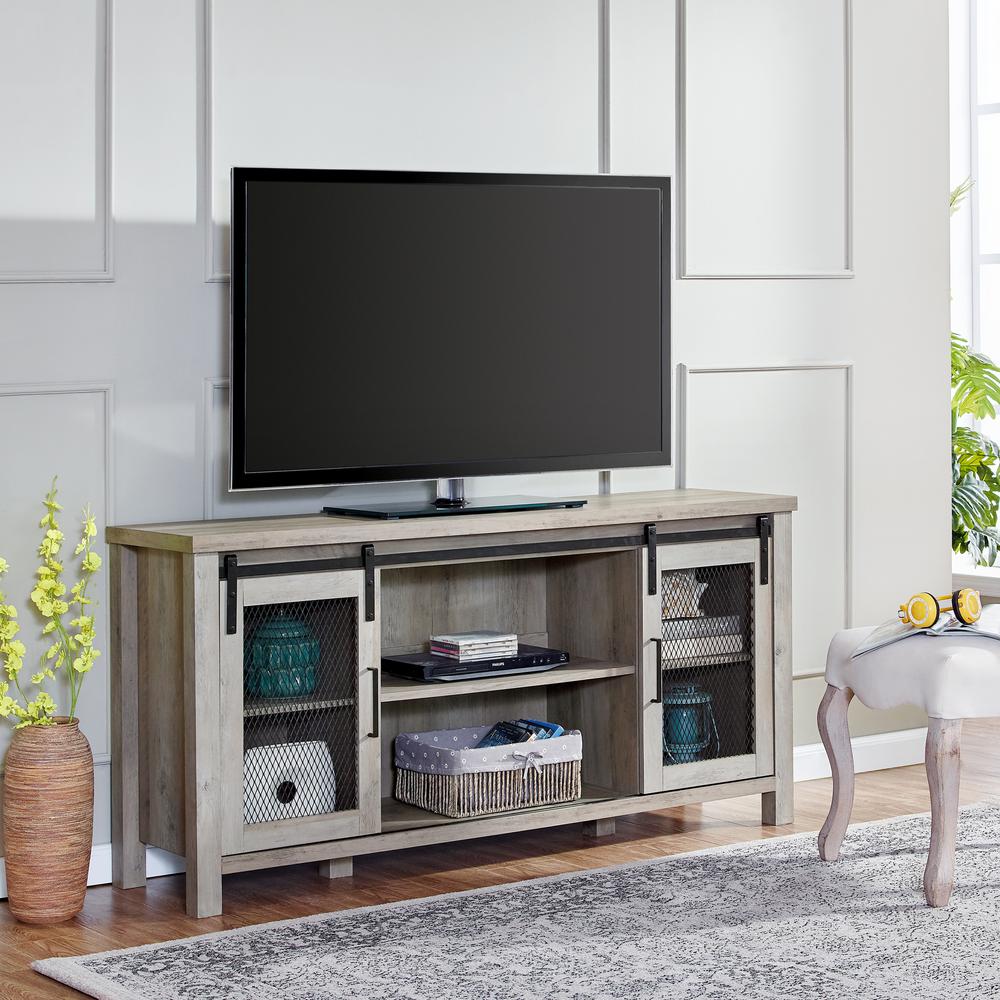 Walker Edison Furniture Company 58 In Grey Wash Sliding Mesh Door Grey Wash Sliding Mesh Door Tv Stand