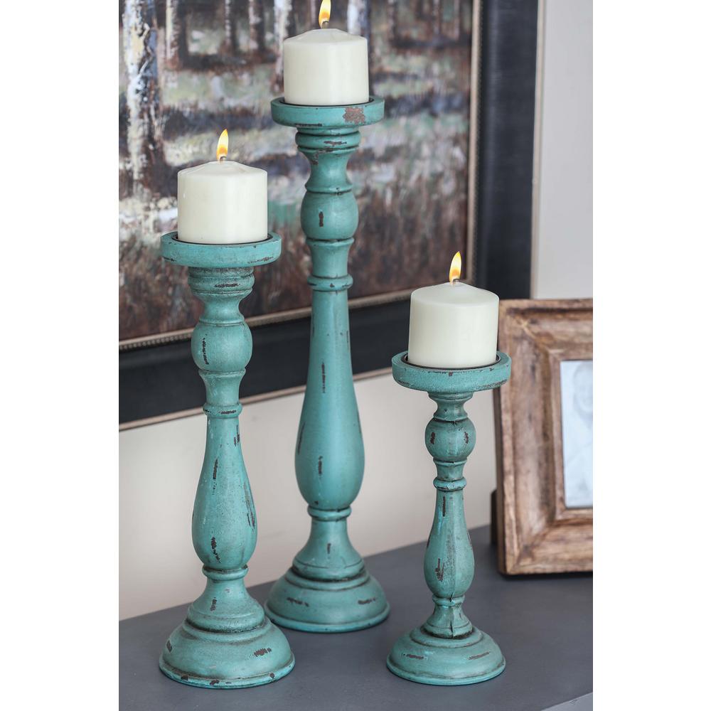 Litton Lane New Traditional Teal Wooden Candle Holders Set Of 3 Litton Lane New Traditional Teal Wooden Candle Holders Set Of 3