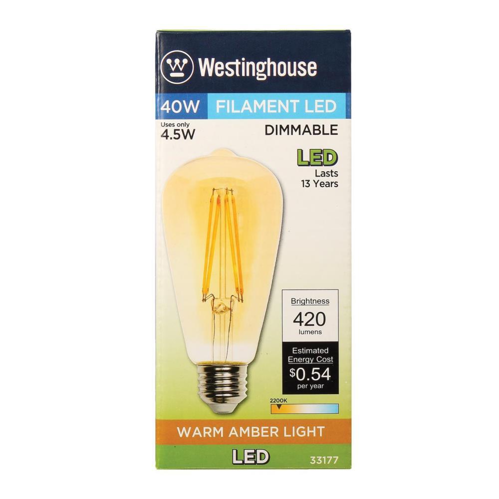6 Pack 40-Watt Equivalent Westinghouse Lighting Westinghouse 4317720 4.5 ST20 Dimmable Amber Filament Medium Base LED Light Bulbs,