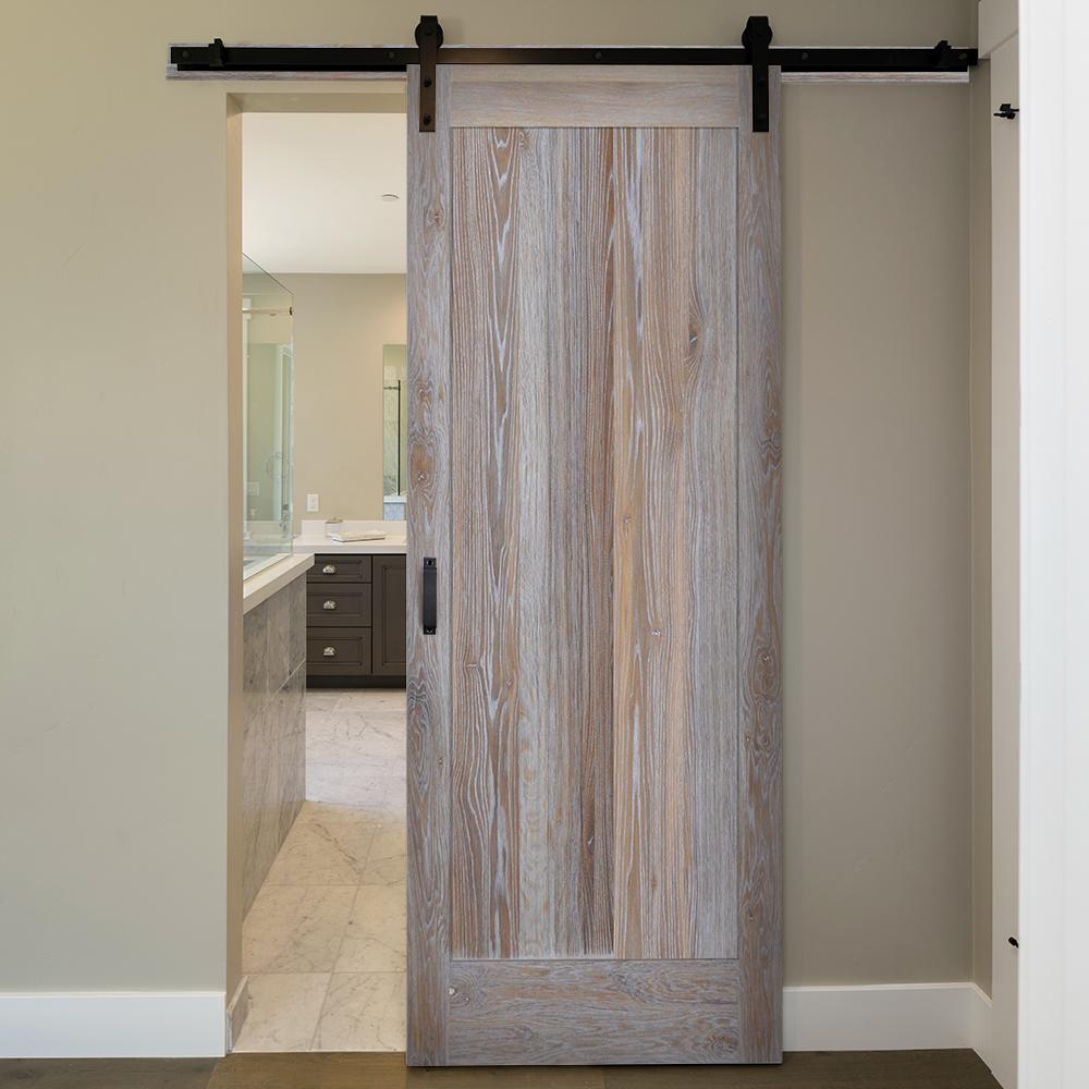 Mmi Door 36 In X 84 In Rustic White Oak Flat Panel Prefinished Sliding Barn Door With Matte Black Hardware Kit Z0365620 The Home Depot