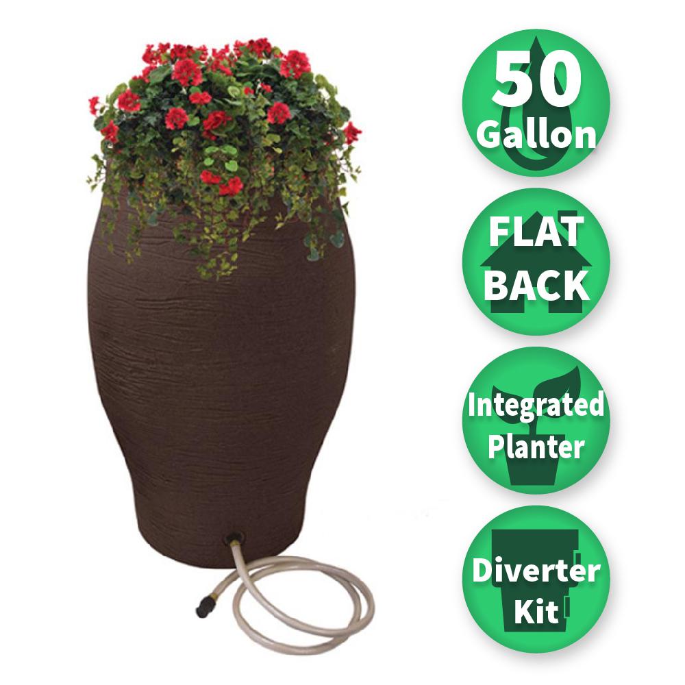 RESCUE 50 Gal. Earth Brown Water Urn FlatBack Rain Barrel with