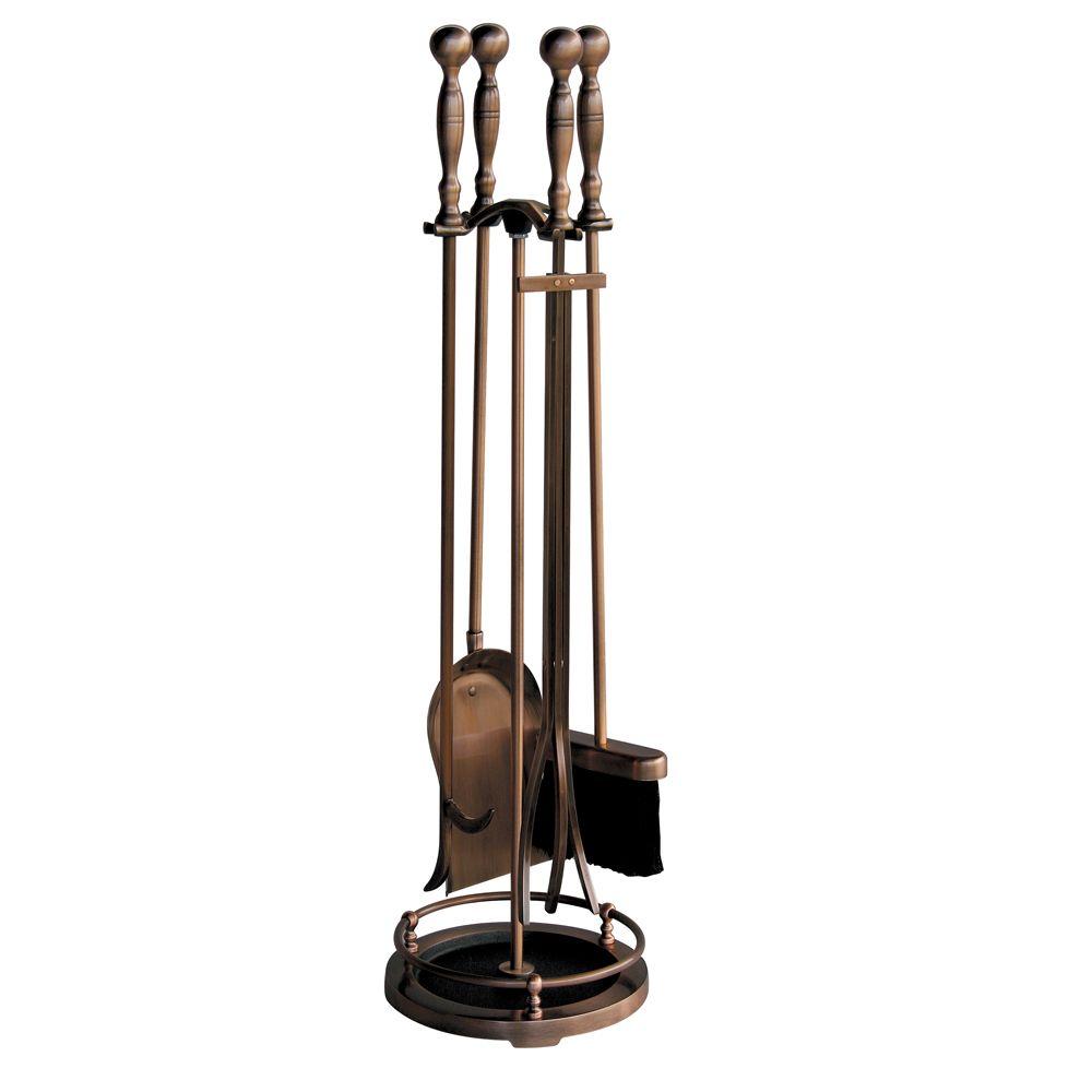The UniFlame 5-Piece Satin Copper Fireplace Tool Set with Round Base adds additional charm and enhances the beauty to your fireplace. It includes a tampico fire-retardant brush