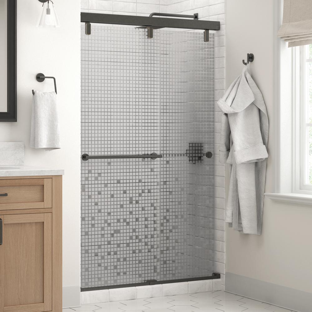Delta Crestfield 48 In X 71 1 2 Semi Frameless Mod Sliding Delta Crestfield 48 In X 71 1 2 Semi Frameless Mod Sliding Shower Door Bronze With 4 6mm Mozaic Glass Sd3441803 The Home Depot