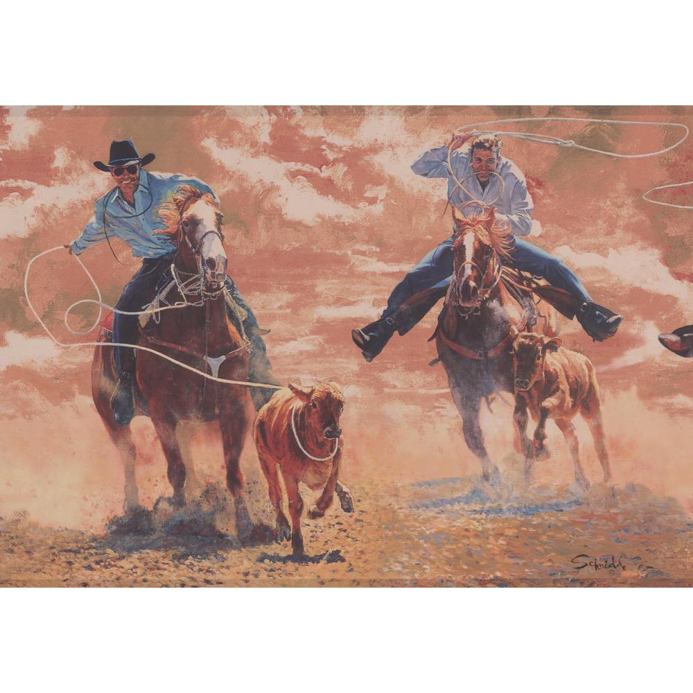 Hunters With Lasso Rope Bull Vintage Prepasted Wallpaper Border