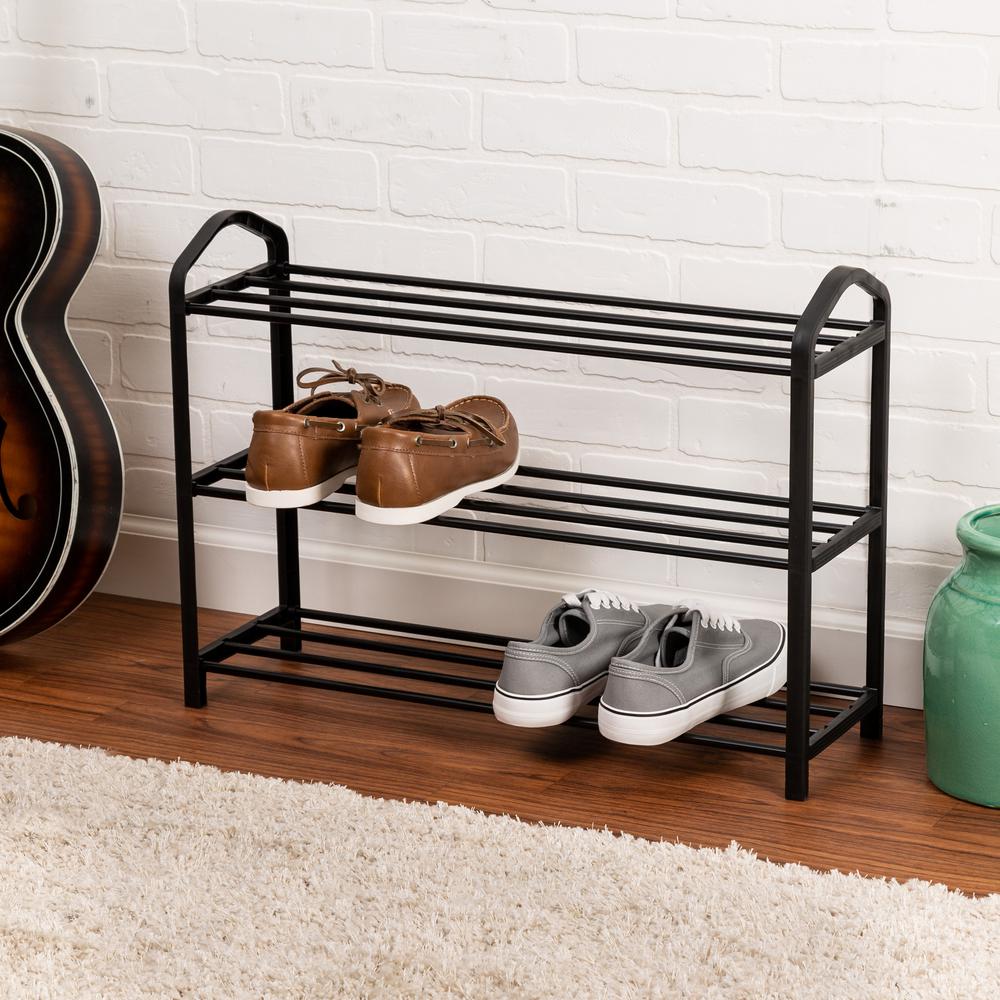 Honey Can Do 17 In H X 25 In W 12 Pair 3 Shelf Black Steel And Plastic Wire Shoe Rack Sho 08486 The Home Depot