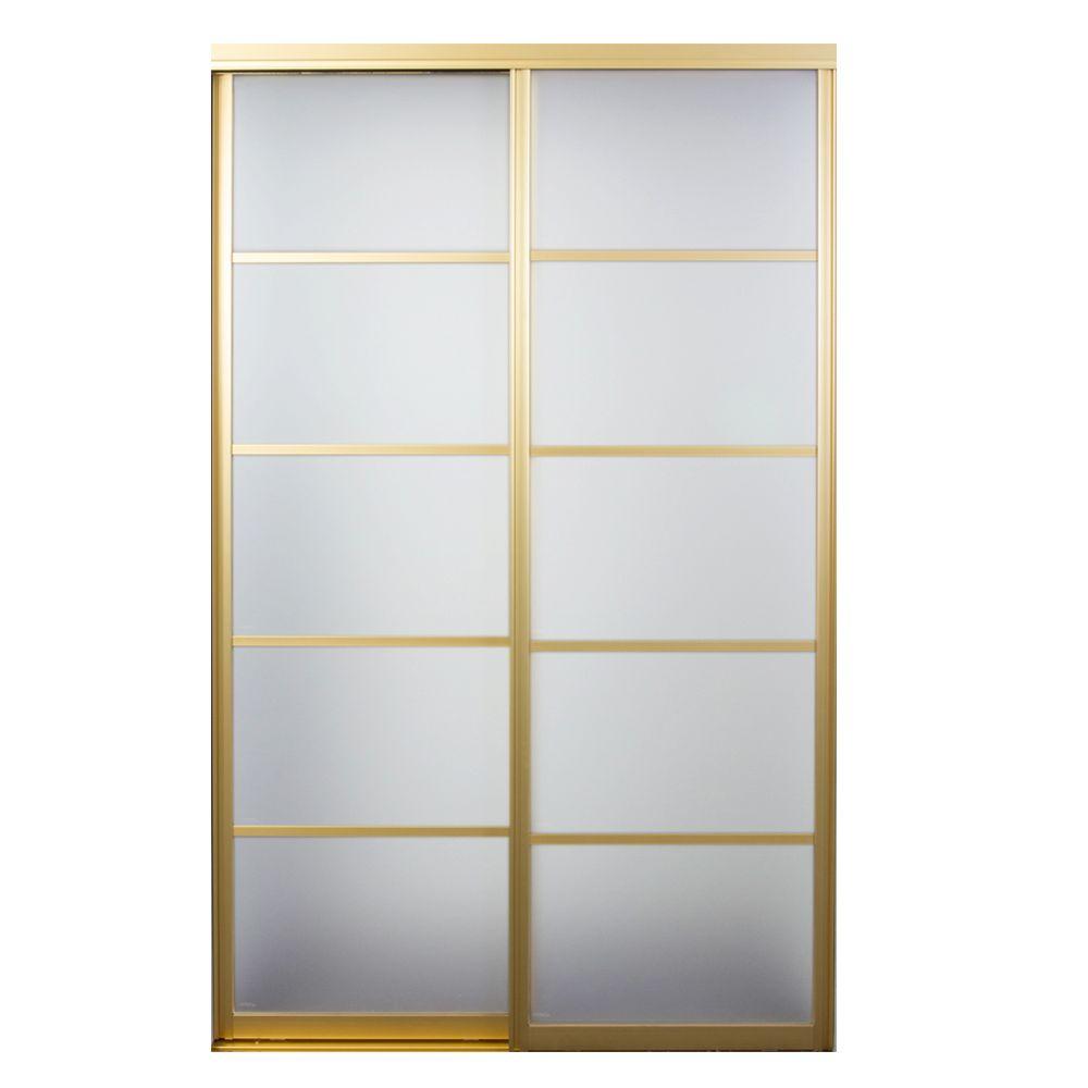 Contractors Wardrobe 72 In X 96 In Silhouette 5 Lite Satin Gold Aluminum Frame Mystique Glass Interior Sliding Door