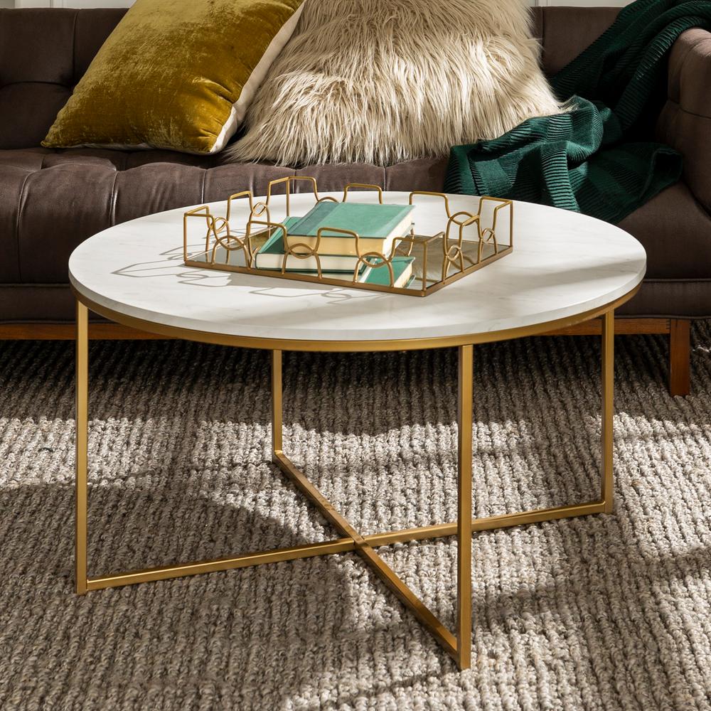 36 In Faux Marble Gold Coffee Table With X Base 36 In Faux Marble Gold Coffee Table With X Base