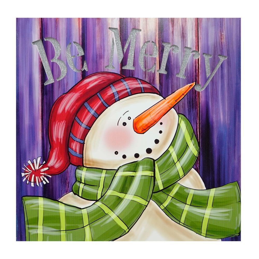 Northlight 11 75 In X 11 75 In Led Lighted Be Merry Smiling Snowman Christmas Canvas Wall Art 32282583 The Home Depot
