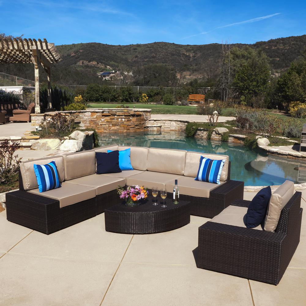 Le House Santa Cruz Dark Brown 7 Piece Wicker Outdoor Sectional Le House Santa Cruz Dark Brown 7 Piece Wicker Outdoor Sectional Set With Beige Cushions