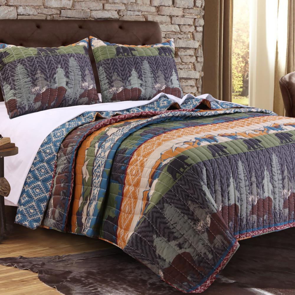 King Quilt Set 3 Pc Black Bear Lodge Rustic Multi Cabin Mountain