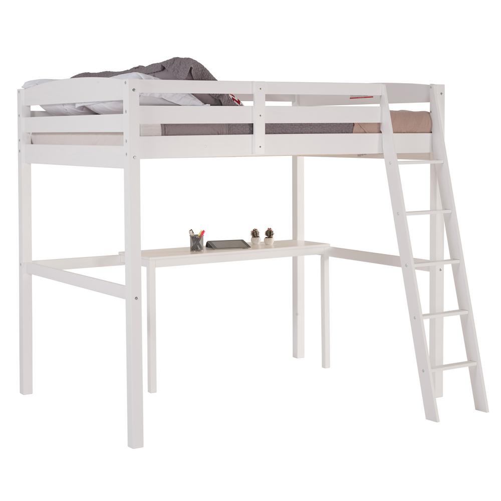 white wood loft bed with desk
