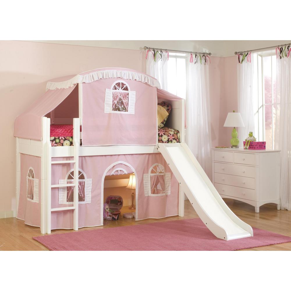 Cottage White Twin Low Loft Bed With Pink And Top Tent Bottom Curtain Slide
