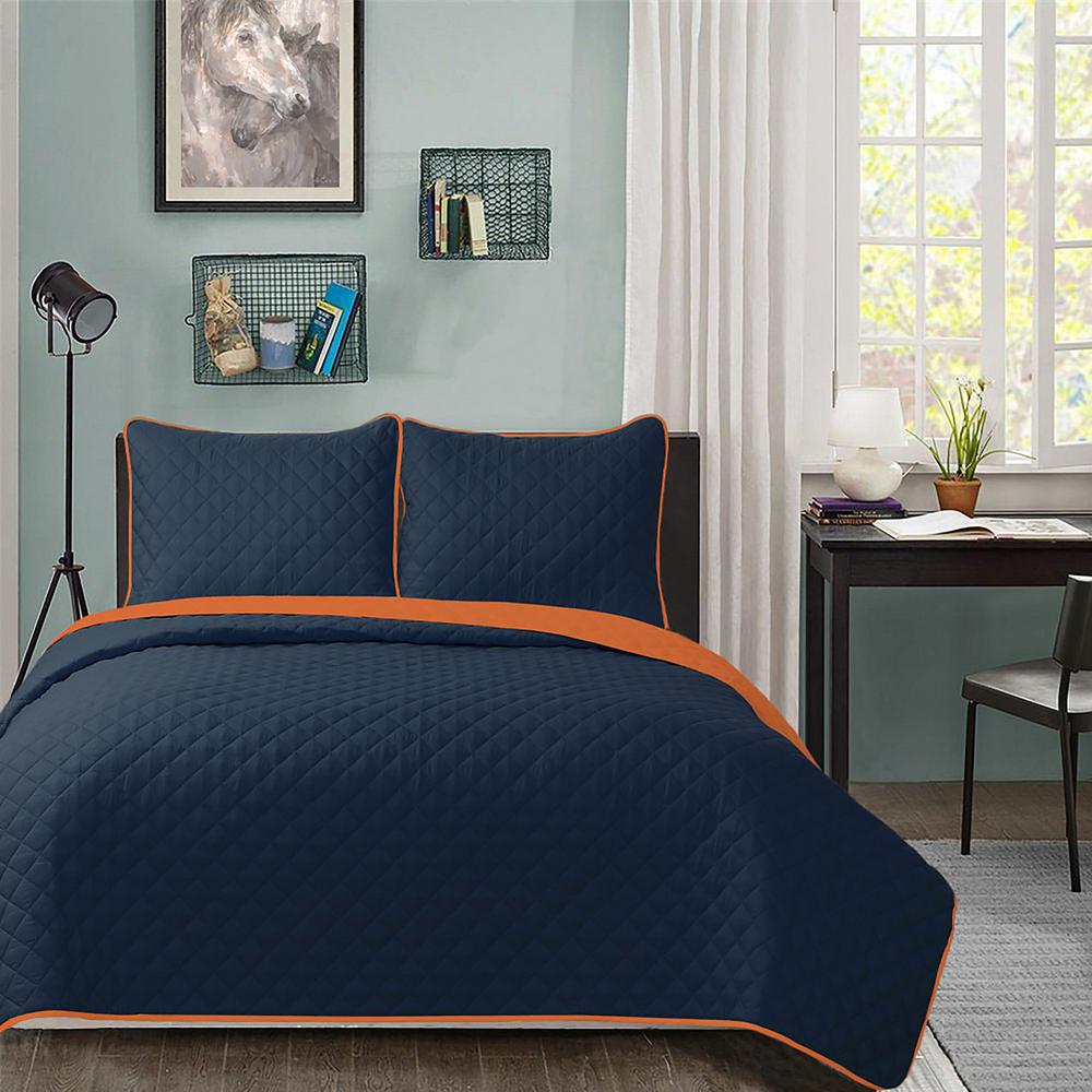 Go U Reversible 3 Piece Navy Orange King Quilt Set 12811 The