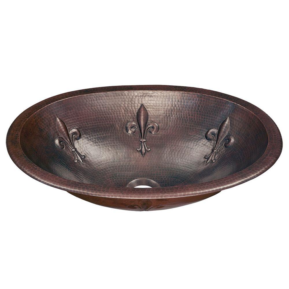 Sinkology Franklin Fleur De Lis Custom Made Dual Mount Copper Bathroom Sink With Bowl Design In Aged Copper