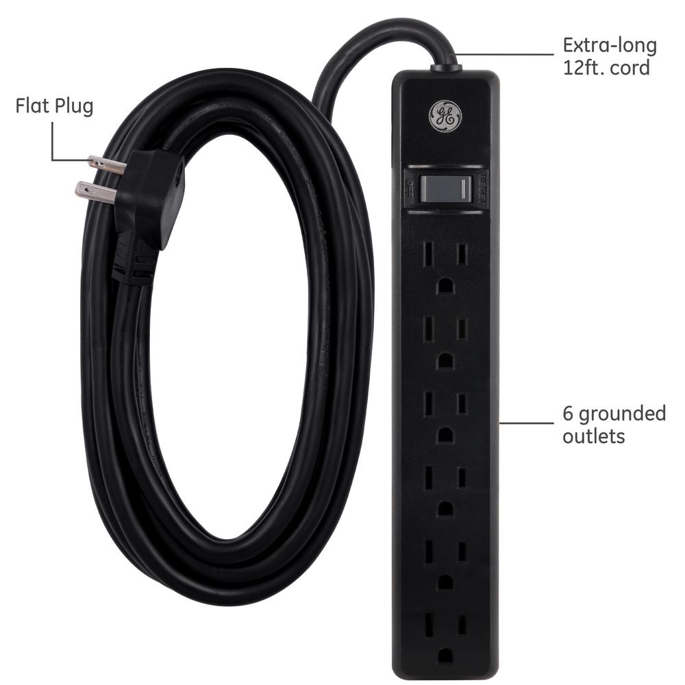6 Outlet Black Surge Protector Power Strip With 12 Ft Long Extension Cord Cable