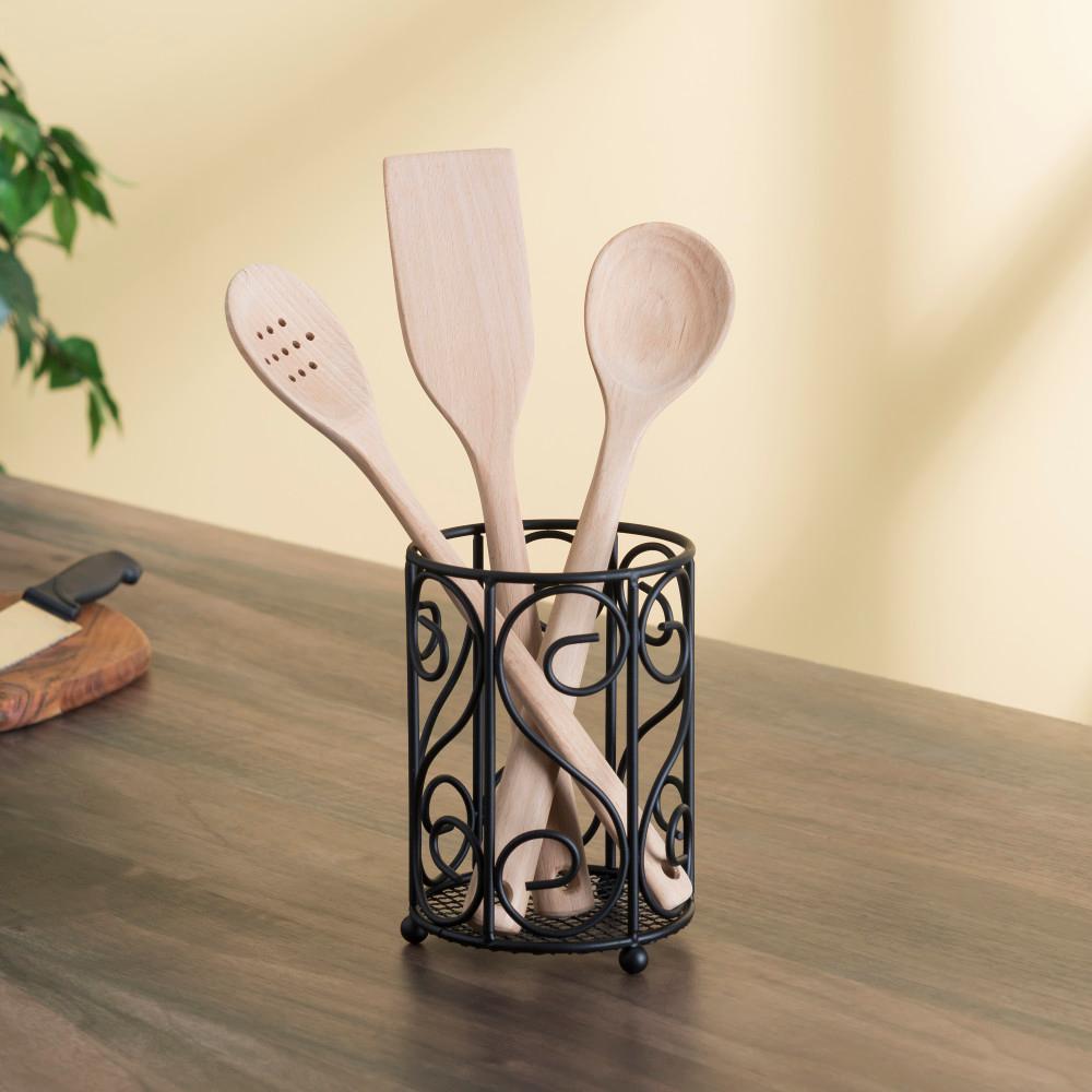 Scroll Collection Black Steel Cutlery Holder with Mesh Bottom and Non