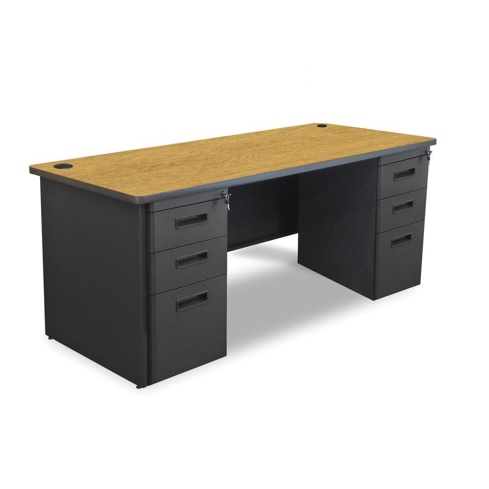 72 In W X 36 D Oak Laminate And Black Double Full Pedestal Desk