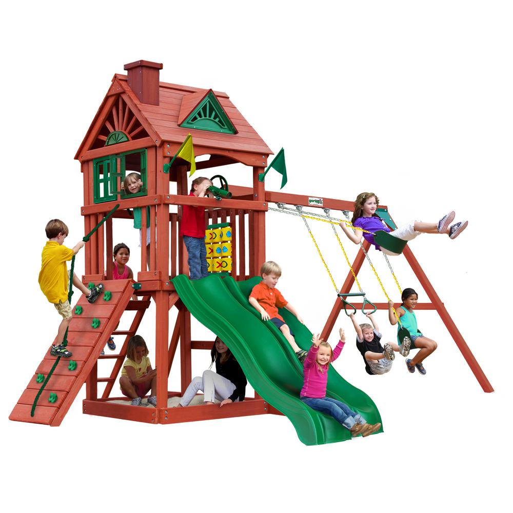 wooden double swing and slide set