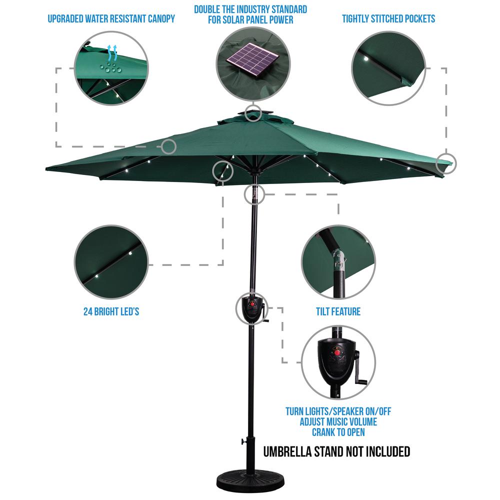 Sunray 9 Ft Market Round Bluetooth Speaker Solar Lighted Patio Umbrella With Olefin Canopy In Hunter Green 841043 The Home Depot