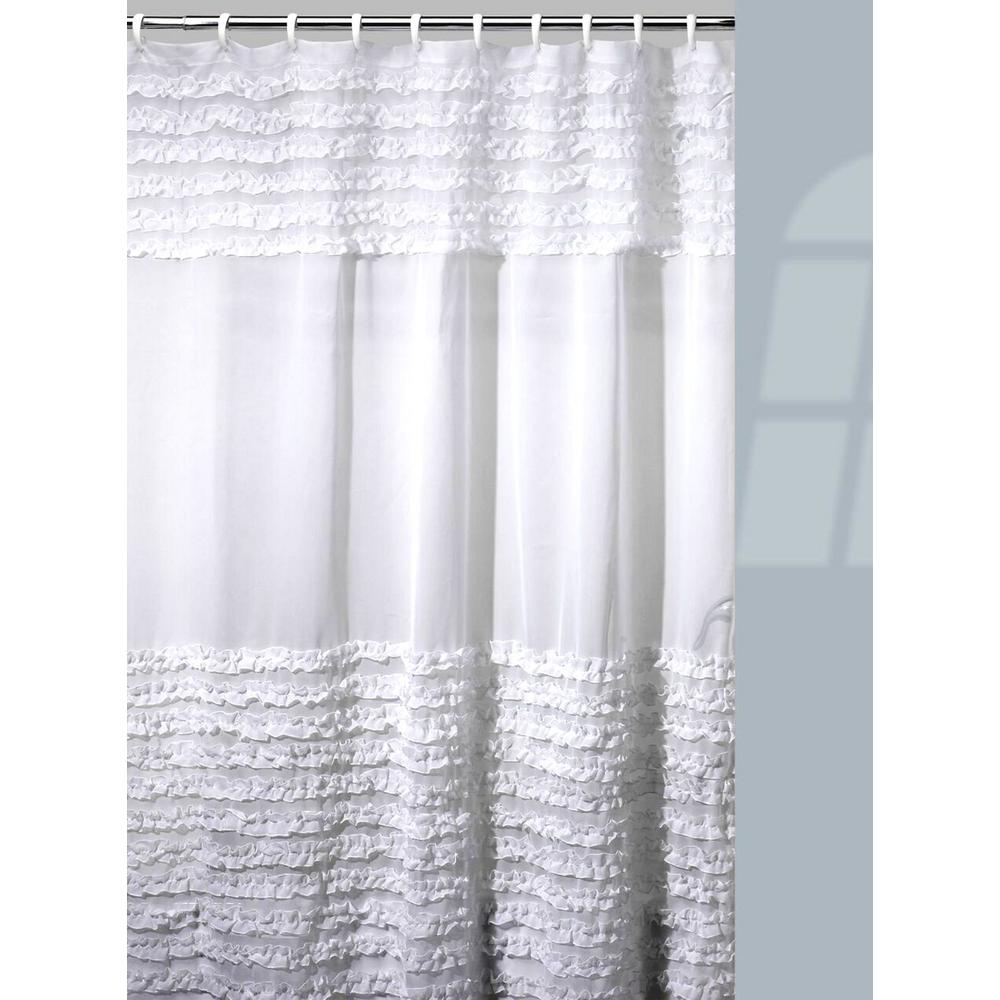 Creative Bath Ruffles Shower Curtain/Hooks/Bath Rug Set in White 