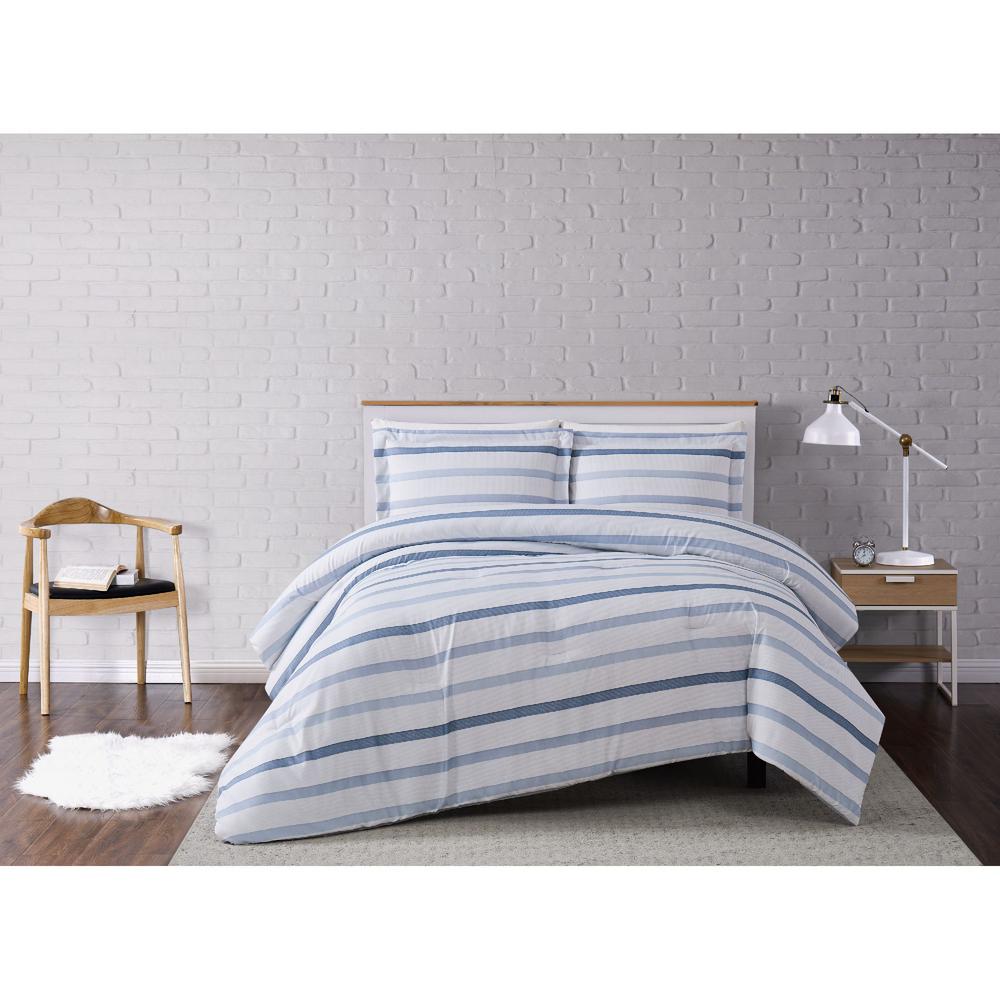 Truly Soft Waffle 3 Piece White Blue Stripe King Comforter Set
