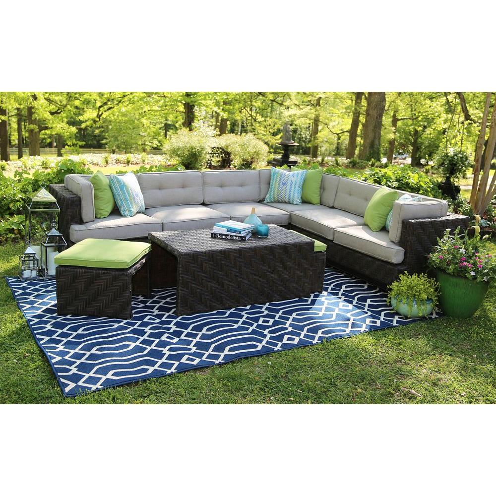 Sunbrella Fabric Beige Tan Brown Outdoor Lounge Furniture Canyon 7 Piece All Weather Wicker Patio Sectional With Sunbrella Fabric