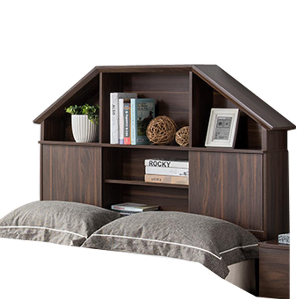 Benjara Dark Walnut Brown Full Size Hut Style Wooden Bookcase
