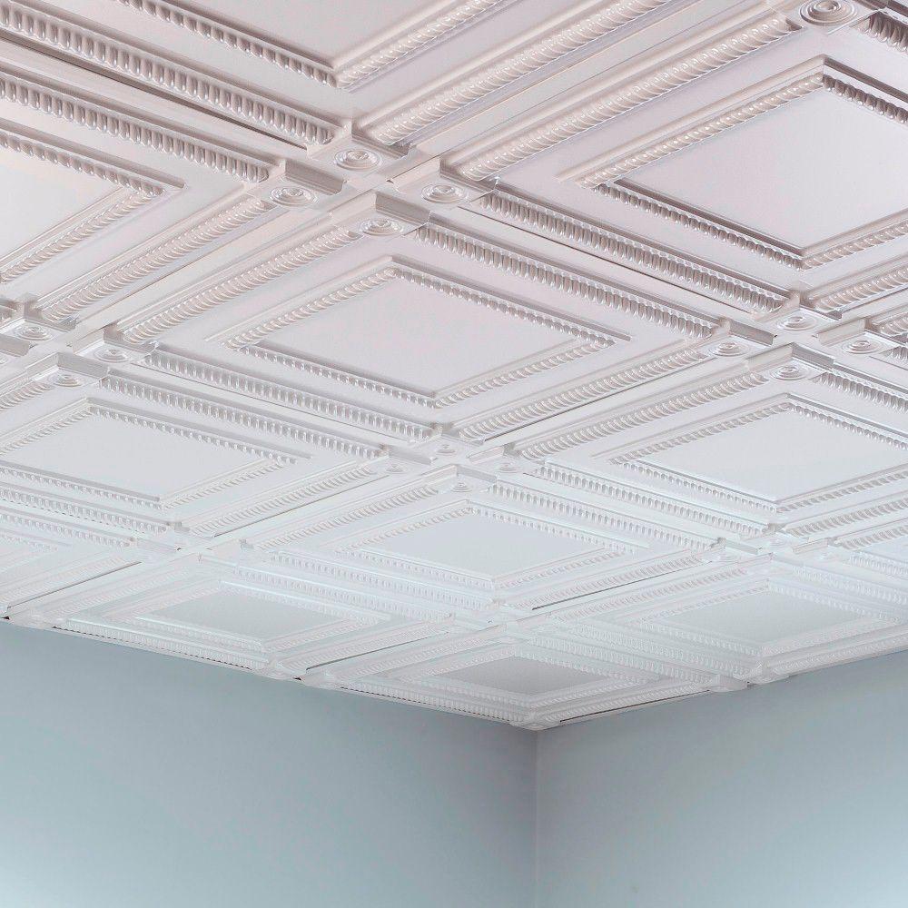 Fasade Coffer 2 Ft X 2 Ft Vinyl Lay In Ceiling Tile In Matte White