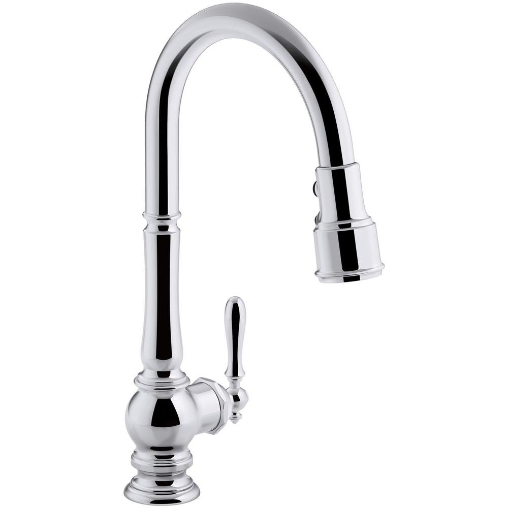 Kohler Artifacts Single Handle Pull Down Sprayer Kitchen Faucet In Polished Chrome K 99260 Cp The Home Depot