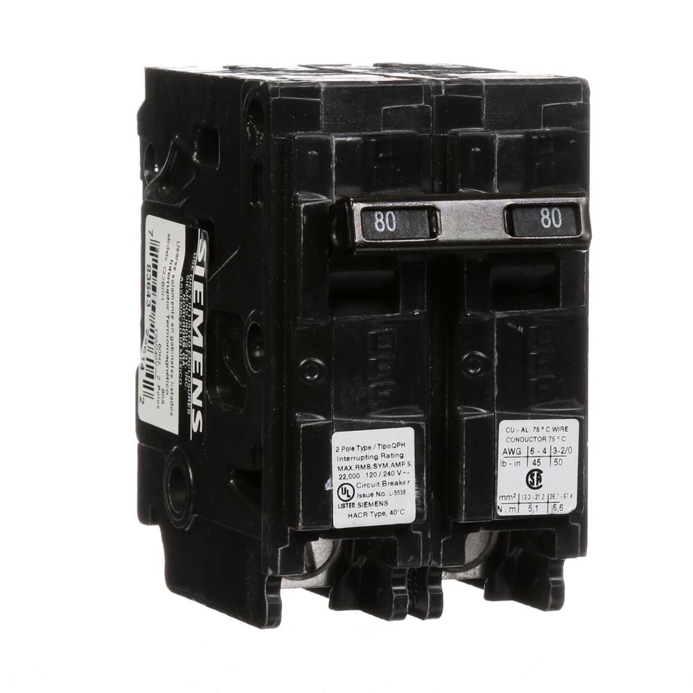 Siemens 80 Amp 2 Pole Qph 22 Ka Circuit Breaker Q280h The Home Depot