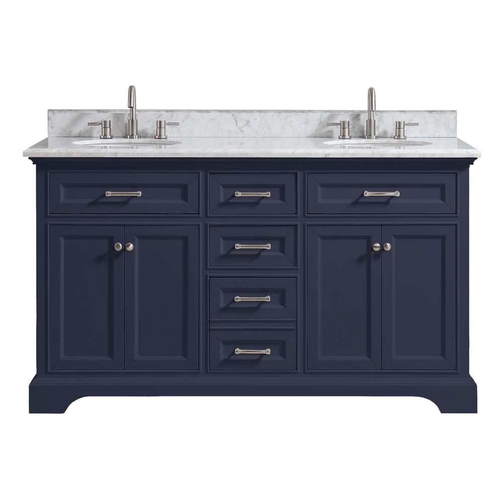 Home Decorators Collection Windlowe 61 In W X 22 In D X 35 In H Bath Vanity In Navy Blue With Carrara Marble Vanity Top In White With White Sink 15101 Vs61c Nb The