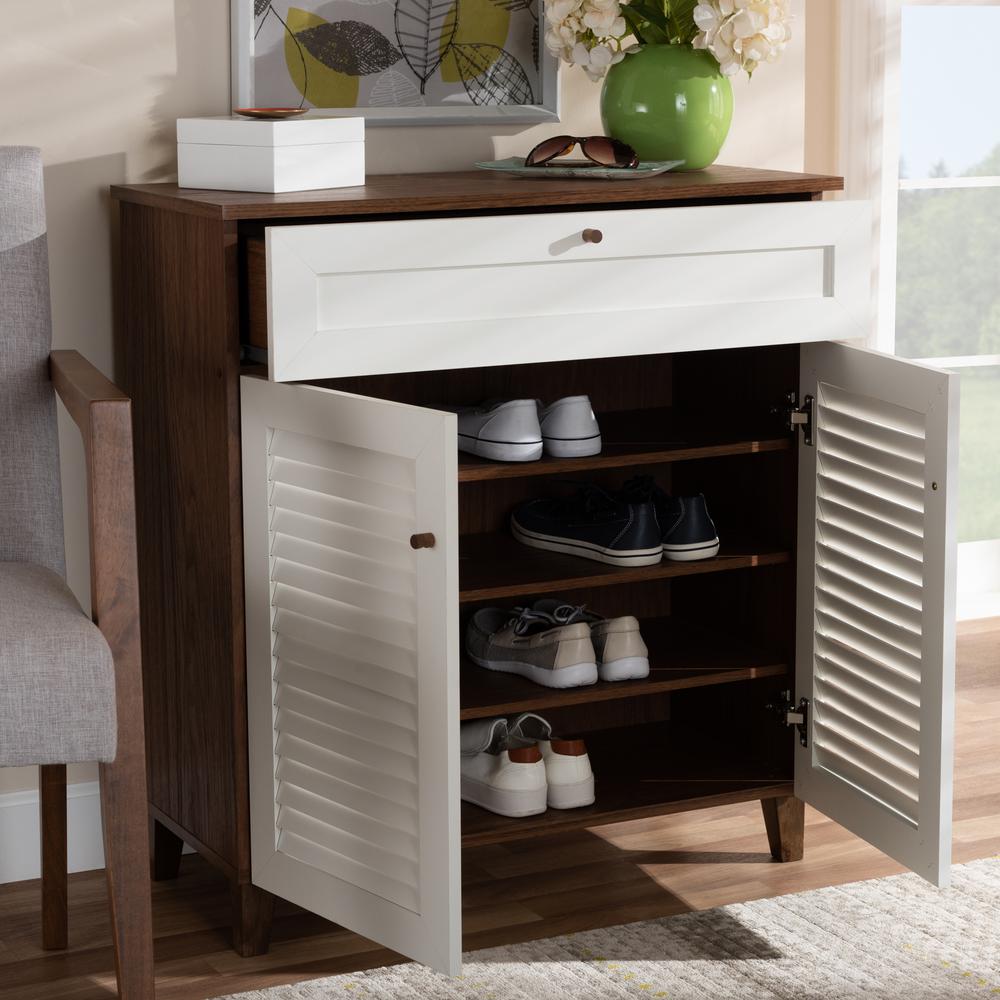 Baxton Studio Coolidge 34 In H X 31 In W 12 Pair White And Walnut Wood Shoe Storage Cabinet With Drawers And Shelves 163 10393 Hd The Home Depot