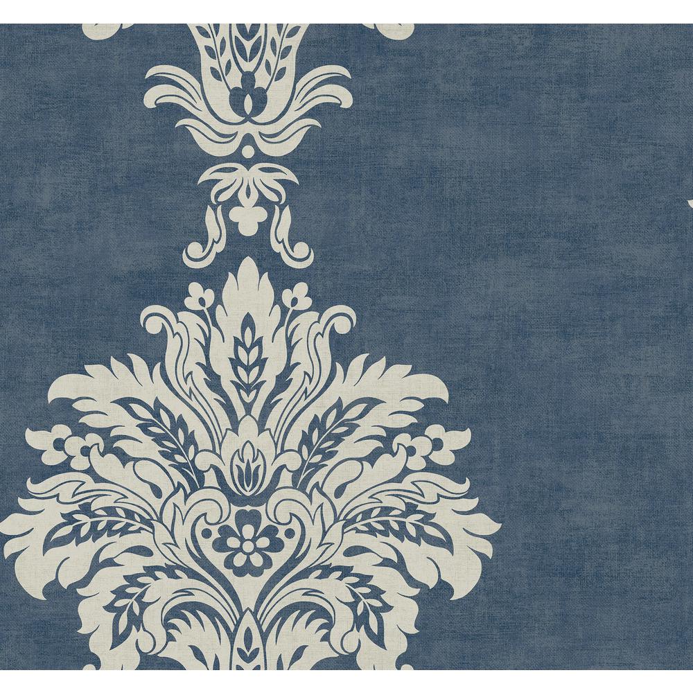 Seabrook Designs Hollywood OffWhite and Denim Fanned Damask Wallpaper