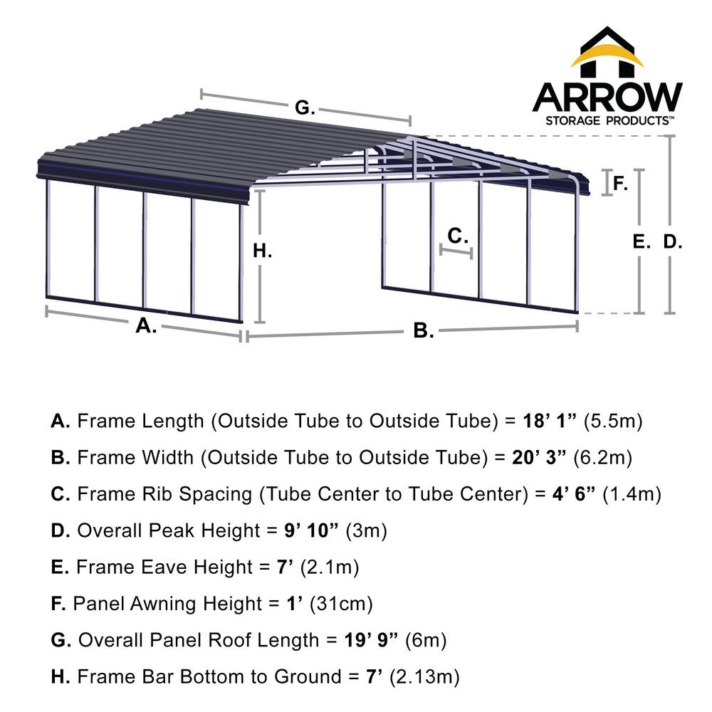 Arrow 20 Ft W X 20 Ft D Eggshell Galvanized Steel Carport Car Canopy And Shelter Cph202007 The Home Depot