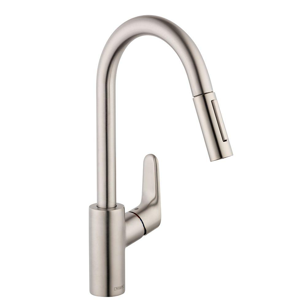 Hansgrohe Focus Single Handle Pull Down Sprayer Kitchen Faucet In Steel Optik 04505800 The Home Depot